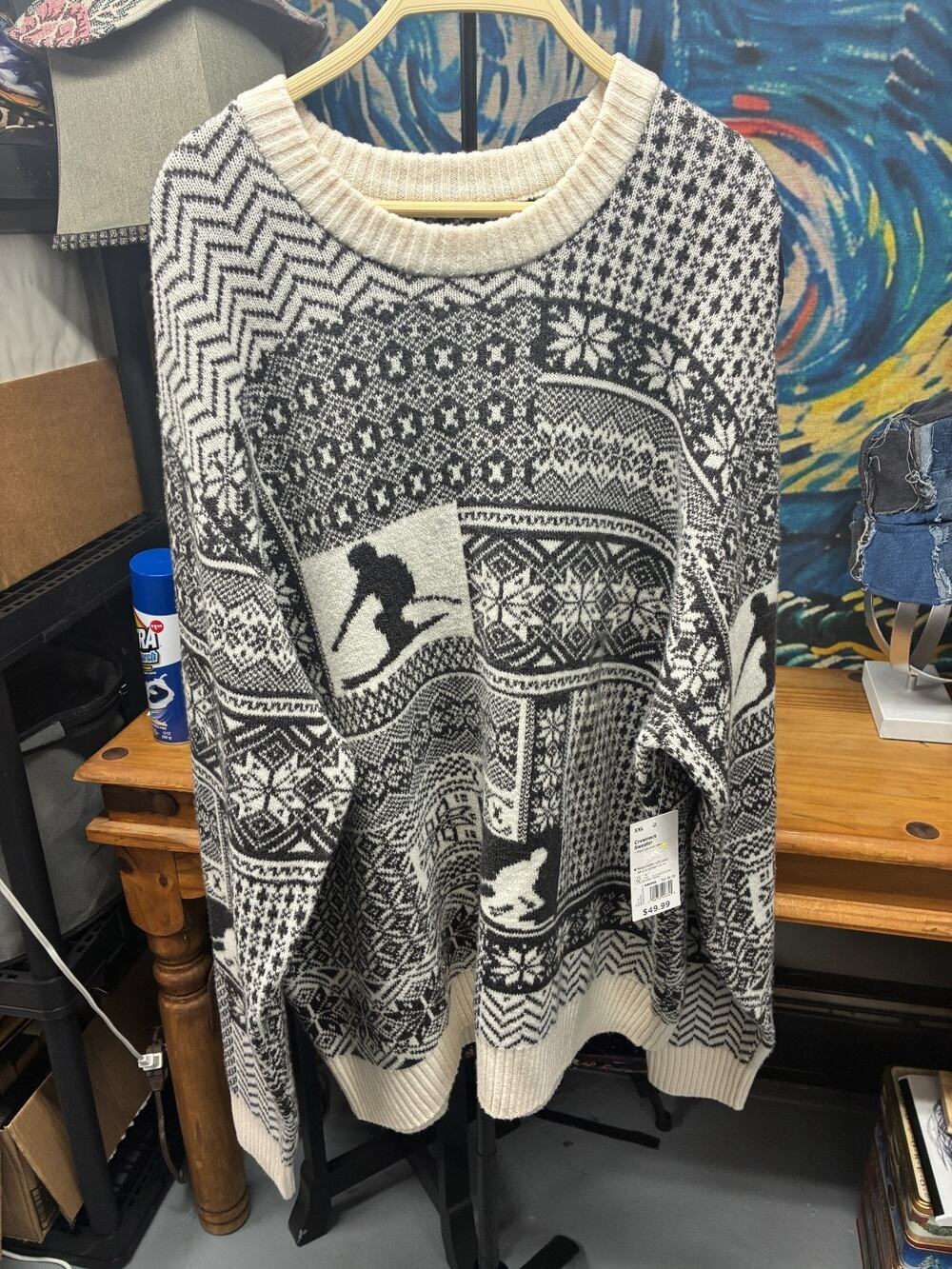 Mens XXL Nordic Ski Sweater Black Cream Fair Isle Patchwork Crewneck Pullover
